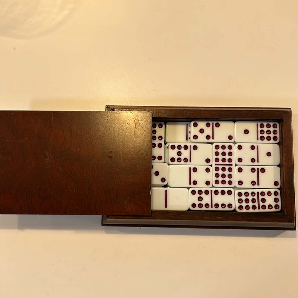Dominos in a wooden box. Dominos feel like they are porcelain. Not plastic.